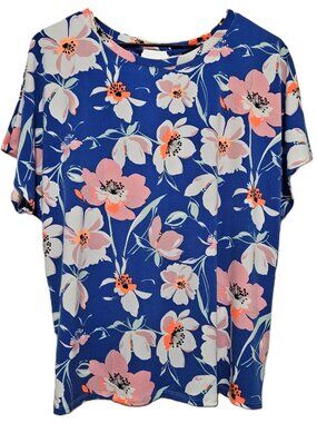 Express Open Back Keyhole Twist Top Women Size Large Blue Pink Floral Stretch